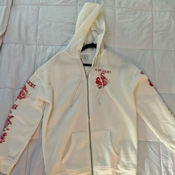 Off-white and Red Decorated Zip Up Hoodie - Picture 2 of 3